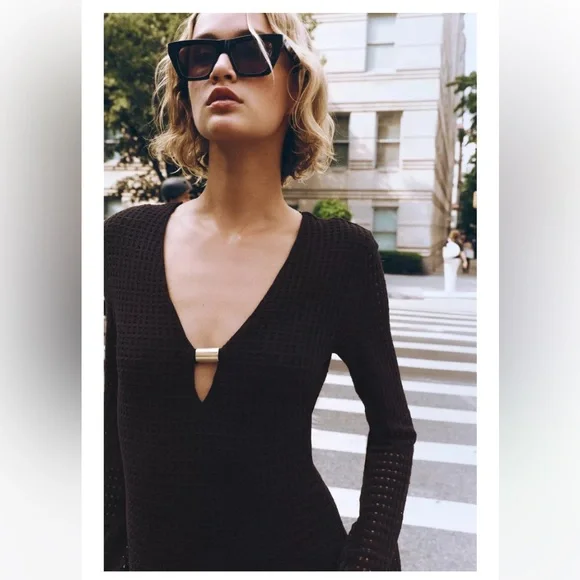Zara NWT black open weave V-neck midi dress long sleeve gold accents size XS - Picture 8 of 15